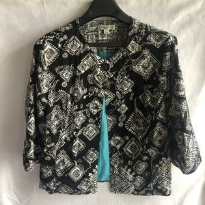 Coldwater Creek Cotton Jacket Black White Floral Squares 3/4 Sleeve Size 20W XL